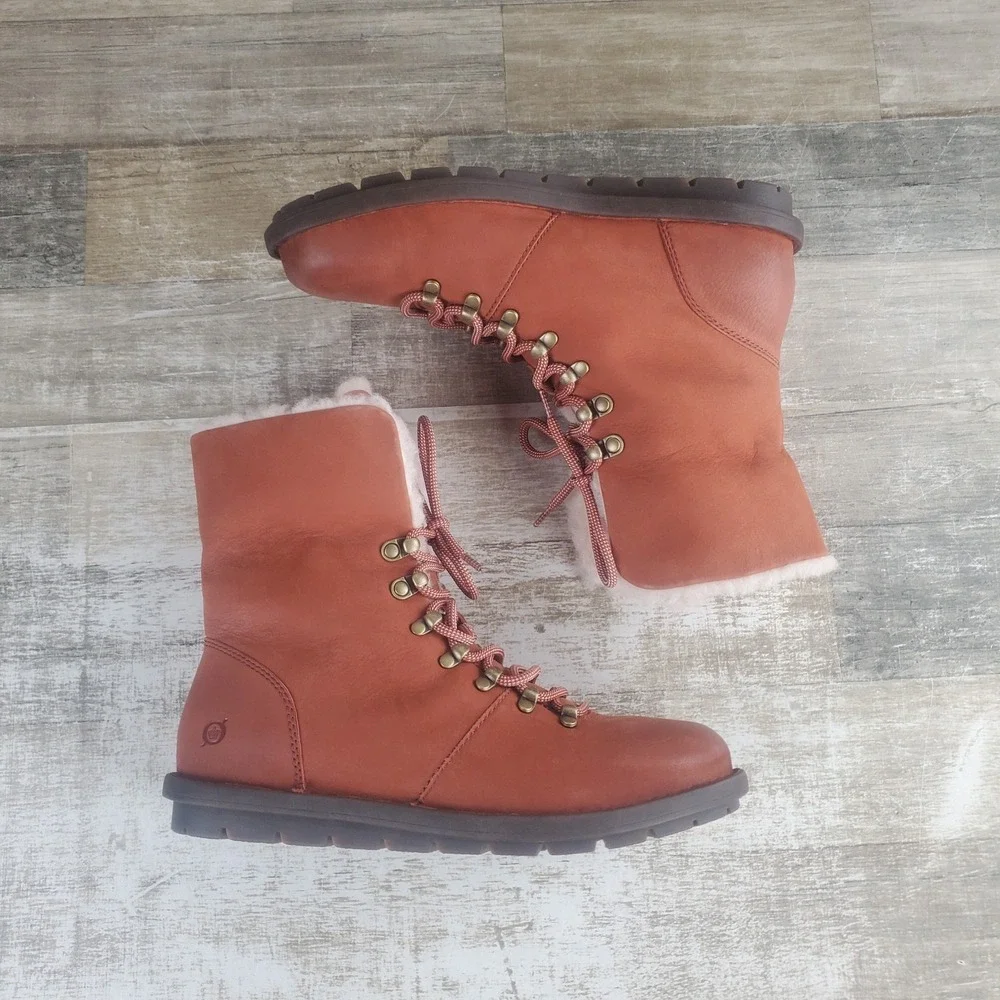 Born Blaine Shearling Booties Womens 10.5 Brown Leather Lace-Up Ankle Boots